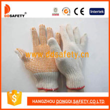 Tricot de coton naturel / polyester. Gants orange PVC points un côté (DKP101)